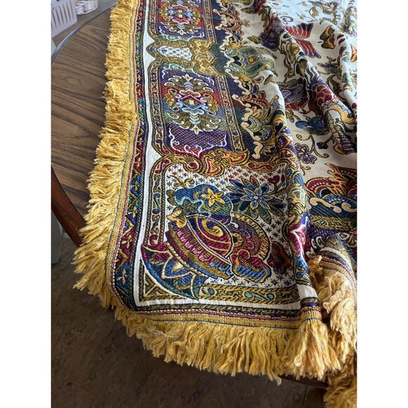 Cream gold blue burgundy rectangular embroidered tablecloth with gold fringe - Picture 3 of 6